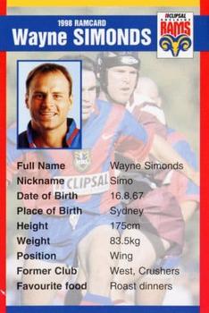 1998 Clipsal Adelaide Rams #NNO Wayne Simonds Front